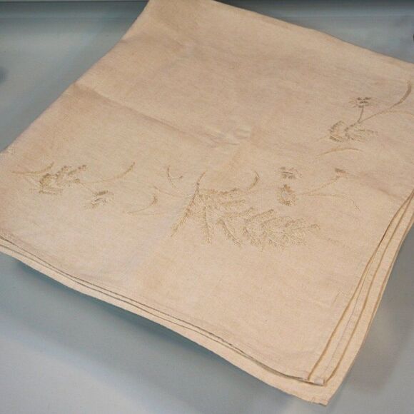 Tablecloth Vintage Unbleached Linen Hand Embroidered Beige 34 x 32 Card Table Sz - Picture 2 of 10
